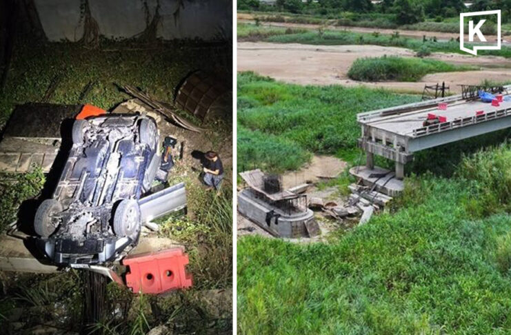 Family injured after car plunges from closed bridge in Kamphaeng Phet