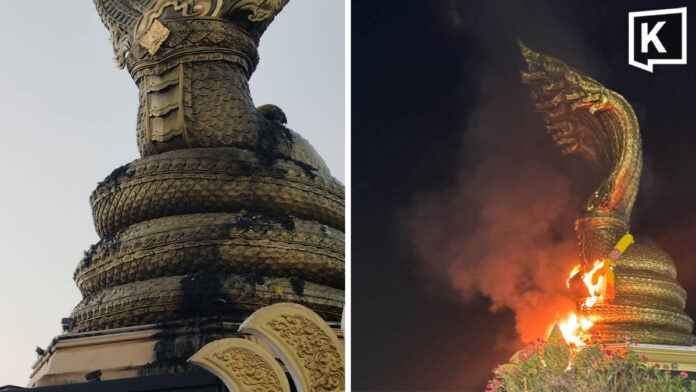 Fire damages sacred naga statue’s ceremonial necklace in Nakhon Phanom Fire damages sacred naga statue’s ceremonial necklace in Nakhon Phanom