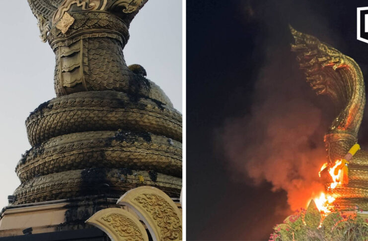 Fire damages sacred naga statue’s ceremonial necklace in Nakhon Phanom Fire damages sacred naga statue’s ceremonial necklace in Nakhon Phanom