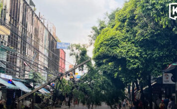Power pole crashes down as strong winds and heavy rain hit Bangkok Power pole crashes down as strong winds and heavy rain hit Bangkok