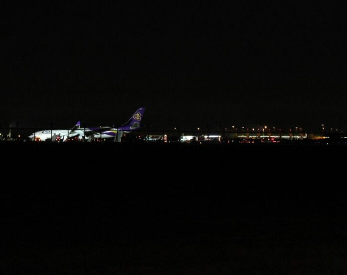 The Thai Airways plane after it skid off the runway of Suvarnbhumi Airport, early morning of 9 September