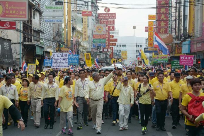 PCAD protesters march in Bangkok's Chinatown on 5 May, 2014.
