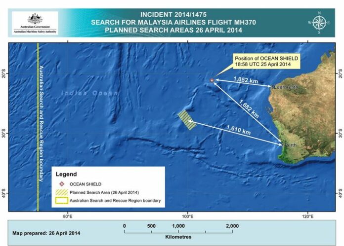 An image released by Australian Maritime Safety Authority 26 April 2014 shows current planned search areas in Indian Ocean, west of Australia, for the wreckage of flight MH370 (DPA).