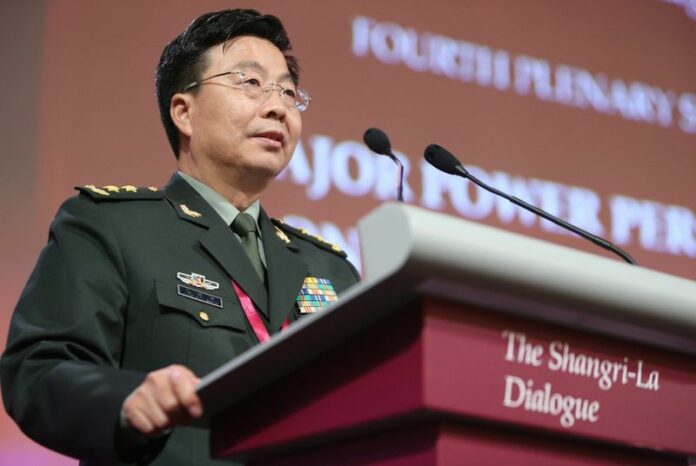Lieutenant General Wang Guanzhong, deputy chief of staff of the People's Liberation Army of China, speaks on the third day of The International Institute for Strategic Studies (IISS) 13th Asia Security Summit in Singapore, 01 June 2014. Wang accused the US and Japan of having coordinated with each other in "targeting China" in speeches made the previous day. EPA/HOW HWEE YOUNG
