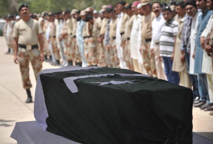 Pakistani Rangers attend the funeral of their comrade who was killed during an operation against suspected militants at Jinnah International Airport in Karachi. EPA/SHAHZAIB AKBER