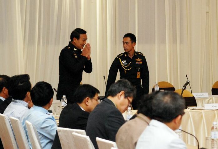 Gen. Udomdet Sittabutr, secretary general of the National Council for Peace and Order (NCPO), spoke at a meeting with over 40 editors and executives from Thai media agencies at the Army Club on Viphavadee Road in Bangkok, 27 June 2014.