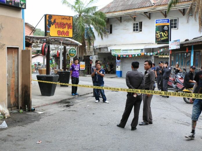 The crime scene where a group of Thai teenagers allegedly stabbed a German bar owner to death, Chaweng Beach, Koh Samui 20 August 2014.