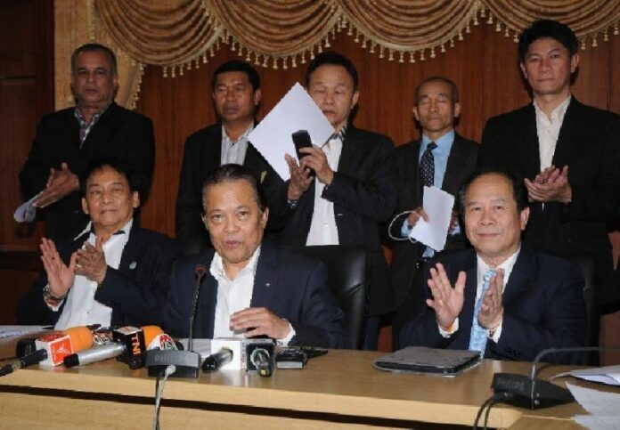 Former Thai Football Association President Worawi Makudi, seated at center, in a photo from Oct. 17, 2013, when he was elected to another term.