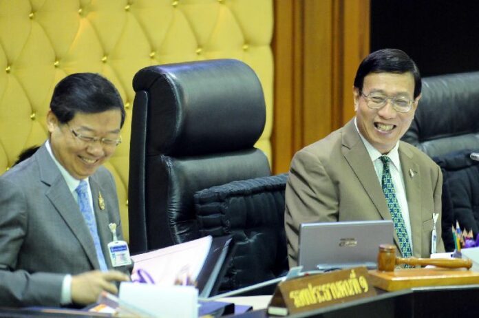 The chairman (R) and deputy chairman (L) of the NLA at a meeting that granted the legislature the power to impeach political office holders, 25 Sept 2014.