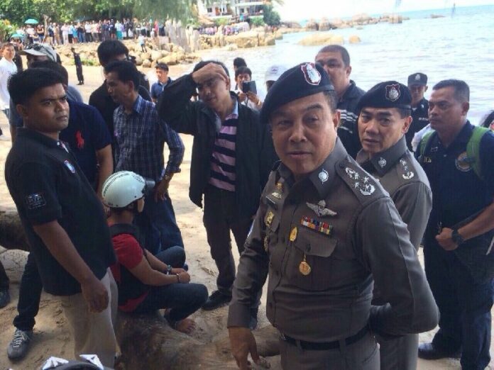 Pol.Gen. Somyot Pumphanmuang at the crime scene where two Burmese suspects are re-enacting the murder of two British tourists on Koh Tao, 3 October 2013.