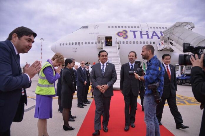 Prime Minister Prayuth Chan-ocha arrives in Milan for the 10th annual Asia-Europe Meeting (ASEM), 16 Oct 2014.<br />