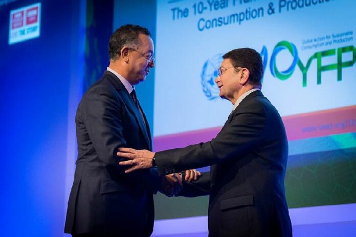 UNWTO Secretary-General Taleb Rifai (right) with Tourism Minister of Morocco, Lahcen Haddad, during the 10YFP Sustainable Tourism Programme launch at the World Travel Market in London. Photo: UNWTO<br />