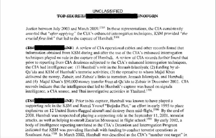 A page from the US Senate Intelligence Committee's report on the arrest of terrorist suspect Hambali in Thailand.