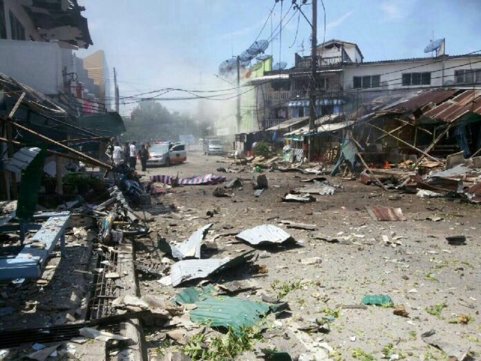 Wreckage from a car bomb in Narathiwat province, Feb 20, 2015.<br />