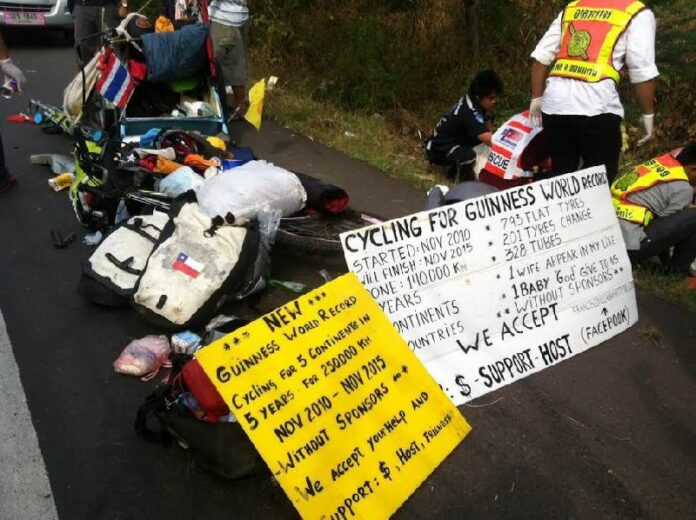 Juan Francisco, a globe-trotting cyclist, was run over and killed by a pick-up truck in Nakhon Ratchasima province on 21 Feb 2015<br />