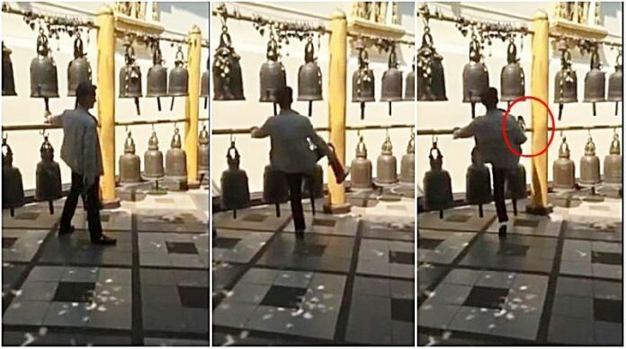 Images from a video of an Asian tourist kicking a bell at Doi Suthep Temple in Chiang Mai.<br />