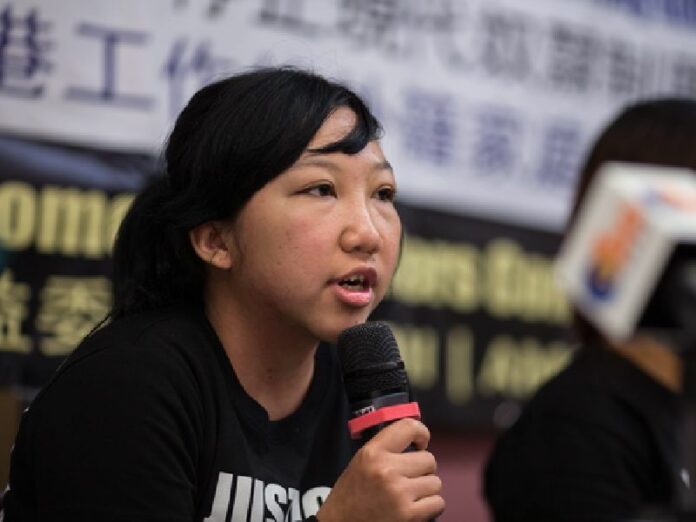 Former Indonesian maid Erwiana Sulistyaningsih speaks during a press conference in Hong Kong, China, 10 February 2015. A woman has been sentenced to six years in prison for abusing her former Indonesian maids, in a case that drew international attention. EPA/JEROME FAVRE