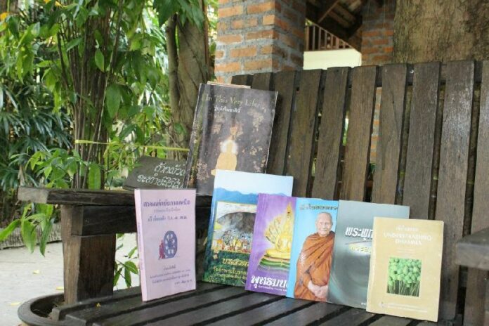 Books from the "Dharma book corner" inside the cafe.
