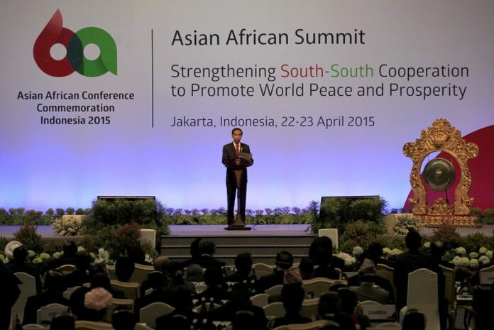 Indonesian President Joko Widodo gives a speech during the opening ceremony of the Asian African Conference on Wednesday in Jakarta. EPA/BAGUS INDAHONO<br />