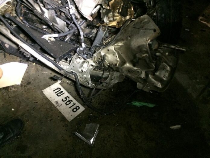 Wreckage from the car bomb that exploded in Central Festival Samui shopping mall on 10 April, 2015.<br />