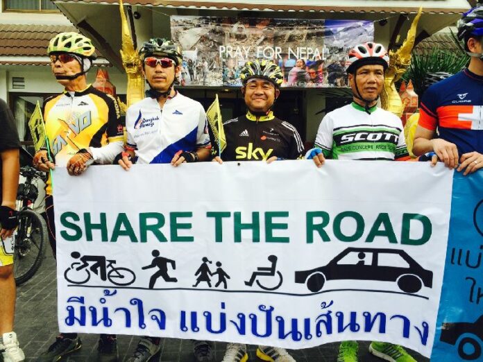 Cyclists gather in Chiang Rai to promote road safety, 4 May 2015.<br />