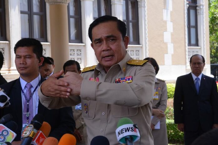Thai junta chairman Gen. Prayuth Chan-ocha speaking to reporters in Bangkok, 17 May 2015.<br />