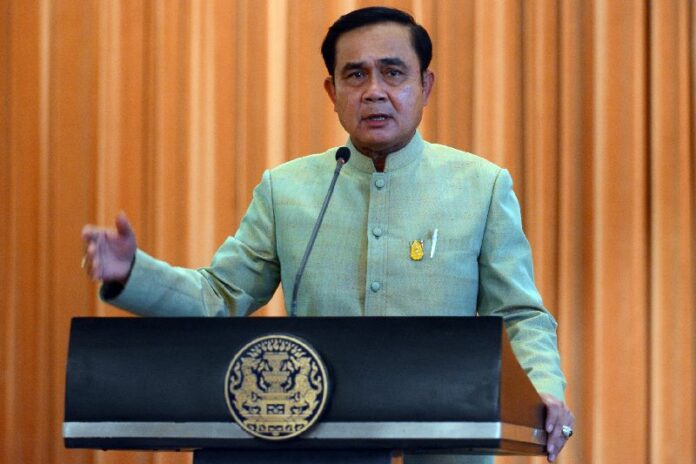 Thai junta chairman Gen. Prayuth Chan-ocha speaking at the Government House in Bangkok on 19 May 2015.