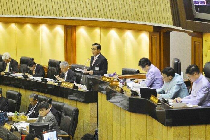 Gen. Prayuth Chan-ocha at the Parliament house during a budgetary hearing on 21 May 2015.<br />