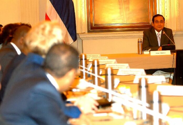 Junta chairman Gen. Prayuth Chan-ocha speaking to UN Ambassadors from 12 countries in Bangkok on 27 May 2015.