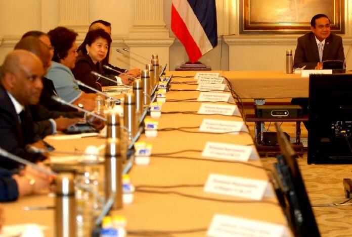 Junta chairman Gen. Prayuth Chan-ocha speaking to UN Ambassadors from 12 countries in Bangkok on 27 May 2015.<br />