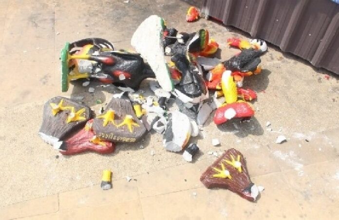 Some of the chicken figurines allegedly broken by Thanapong Buapeng in a shrine dedicated to King Naresuanon in Lampang, 17 June 2015.