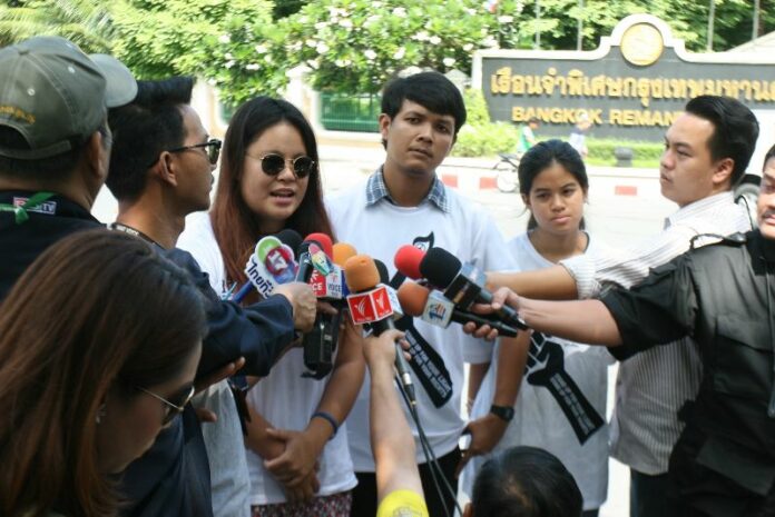 Friends of the jailed activists speak to the press after visiting them in Bangkok Remand Prison, 2 July 2015.