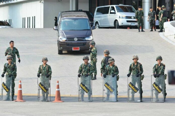 Soldiers outside of the Army Club moments after Gen. Prayuth Chan-ocha announced a coup, 22 May 2014.