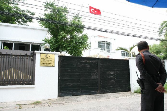 Police in front of the Turkish Embassy in Bangkok, 9 July 2015.