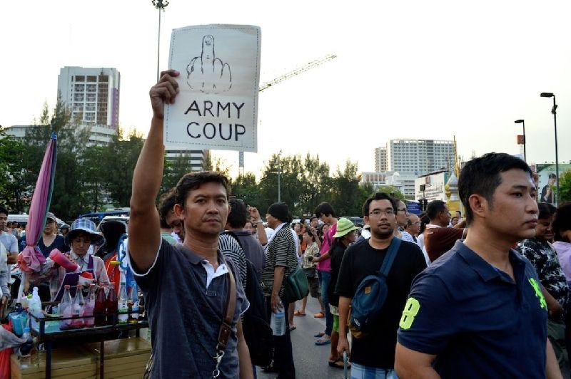 An anti-coup rally around Bangkok's Victory Monument on 24 May 2014, two days after the army staged a coup d'etat.<br />