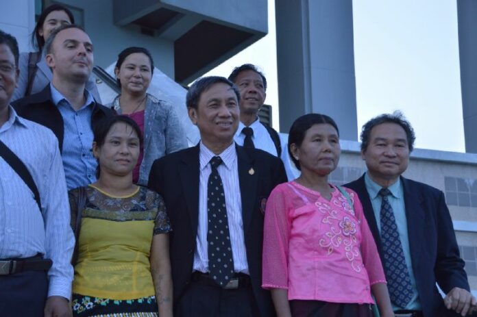 The mothers of Zaw Lin and Wai Phyo with their defense lawyers outside the Koh Samui court, 23 July 2015.