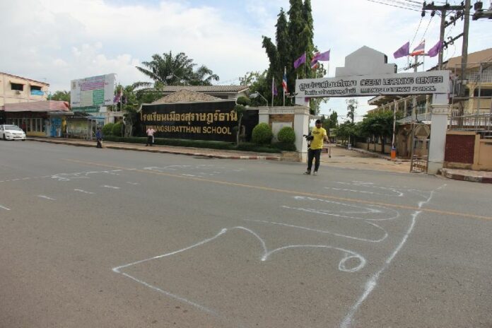 The mock crossing painted by students' parents in front of Muang Surat Thani School in Surat Thani province. The writing says "This is a zebra corssing," 29 July 2015.