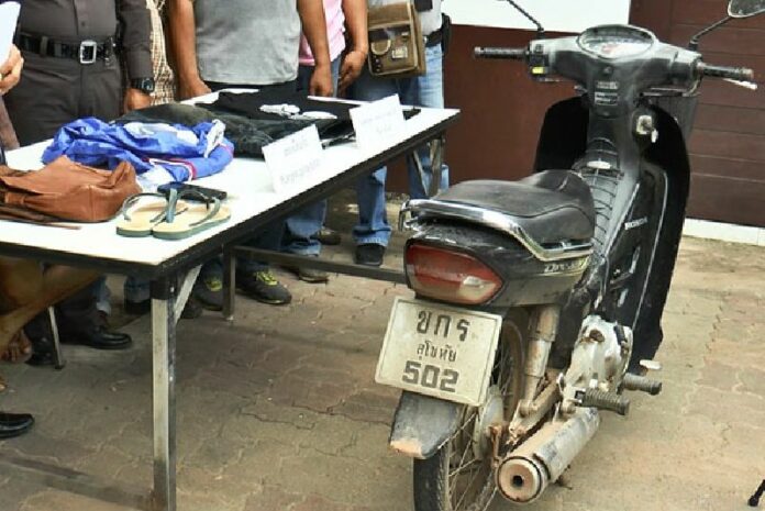 Stolen items and the motorcycle police said Pvt. Kampaeng Yordnuan, 21, used to snatch items from foreign tourists in northern Thailand.