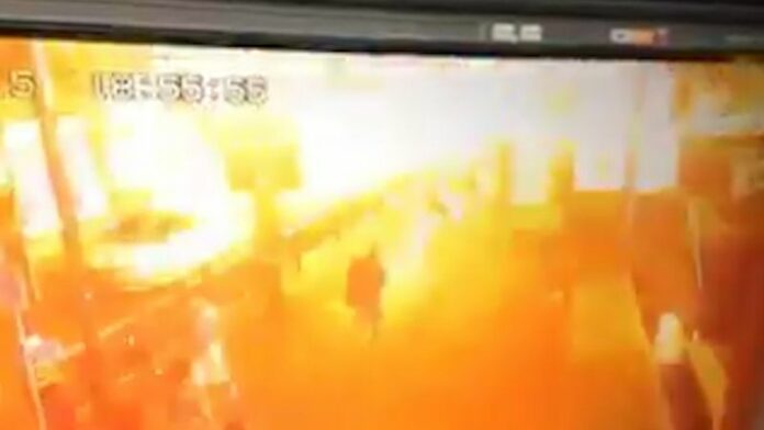 The moment of the blast as captured by a security camera at 6:55pm on Monday night. At least 20 people were killed and more than 150 injured.