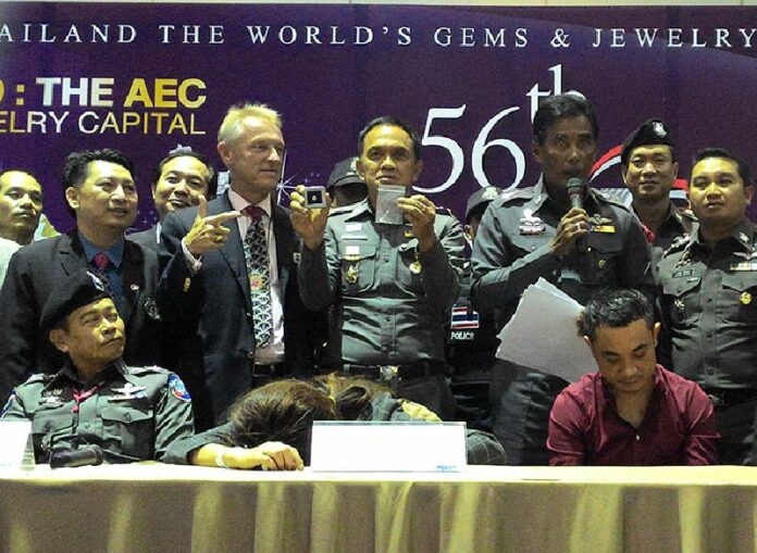 Police yesterday display the diamond removed from the intestines of a woman suspected of swapping it for a fake and then swallowing it last week at a gem exhibition in Bangkok.