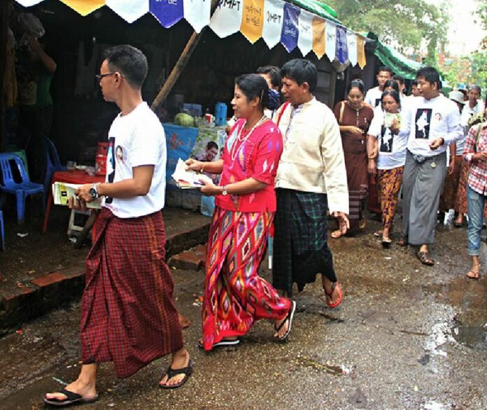 Nyo Nyo Thin, an independent lawmaker representing Yangon’s Bahan Township in the Yangon Region Parliament, campaigns in her constituency in this undated photo. She is contesting a Lower House seat in the upcoming elections. Photo: Myanmar Now