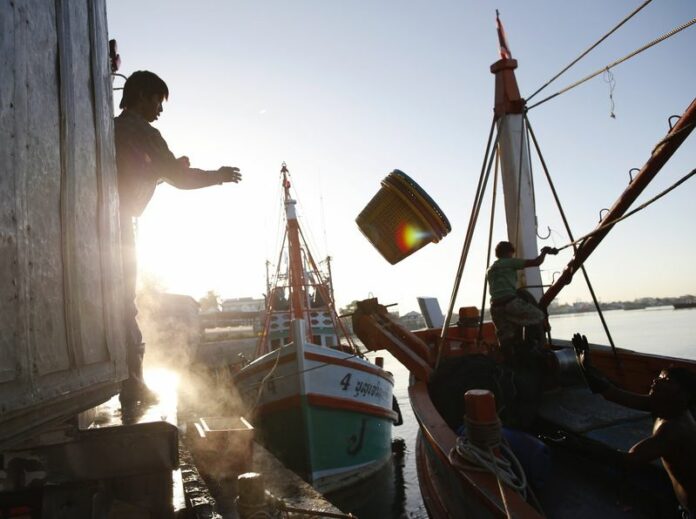 Migrant fishermen from Myanmar unload frozen fish from a Thai fishing boat at a port in Samut Sakhon province on 1 July, 2015. Photo: EPA / Runroj Yongrit