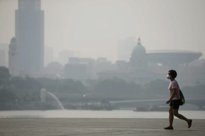 A pedestrian wears a face mask in smog-choked Singapore in this undated file photo. Photo: DPA / Wallace Woon