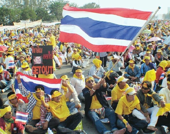 A Feb. 4, 2006, file photo of Yellowshirt protest in Bangkok.