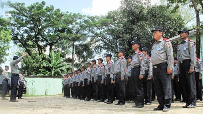 Members of the "Special Police" on their first day of training Oct. 20 on the grounds of the township administration office in Thinganggyun Township, Yangon. Photo: Myanmar Now / Htet Khaung Lin