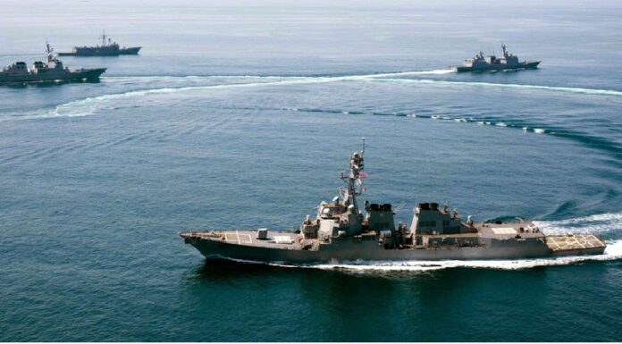 The guided-missile destroyer USS Lassen participates in a multinational naval exercise in waters to the south of the Korean Peninsula in a file photo. Photo: EPA / Naval Air Crewman Evan Kenny<br />