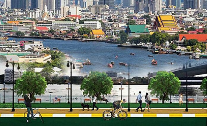 Fourteen kilometers of a concrete ‘promenade’ lining both sides of the mighty Chao Phraya river - to cost 14 billion baht - could prove a first phase of a larger 50-kilometer project proposed by the ruling junta. Photo: Matichon