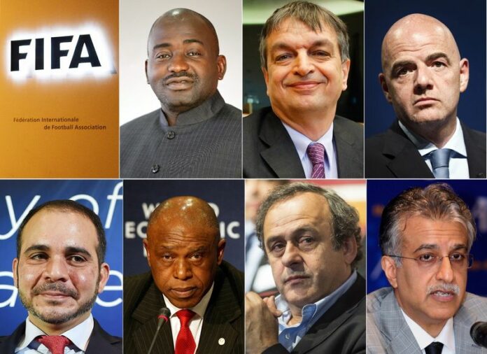 From top left, candidates for FIFA presidency: Musa Hassan Bility, president of the Liberia Football Association; former FIFA deputy general secretary Jerome Champagne; UEFA general secretary Gianni Infantino; president of the Jordan Football Association Prince Ali Bin Al Hussein; South African businessman Tokyo Sexwale; UEFA president Michel Platini; the president of the Asian Football Confederation Sheikh Salman bin Ibrahim Al Khalifa. Photo: EPA / STF<br />