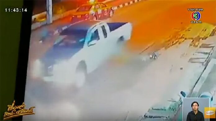 Still image of low quality security camera footage of a truck running over a tourist Saturday on Koh Samui. Source: Channel 3 / YouTube