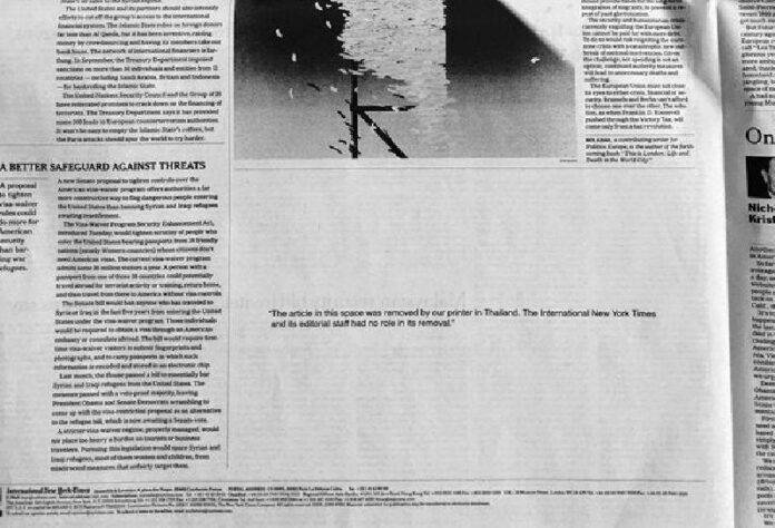 Partial image from the opinion page of Friday's Thailand edition of the International New York Times. Original image: @thomasfullerNYT / Twitter